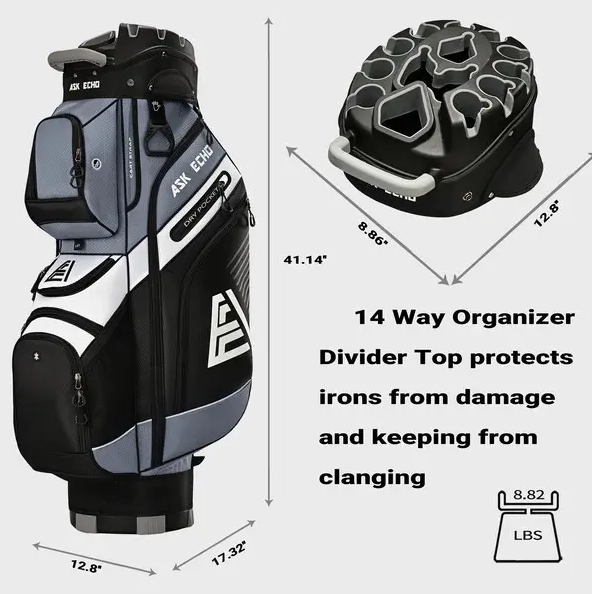 Golf T-LOCK Cart Bag – 14-Way Organizer Dividers Quiet Golf Bag